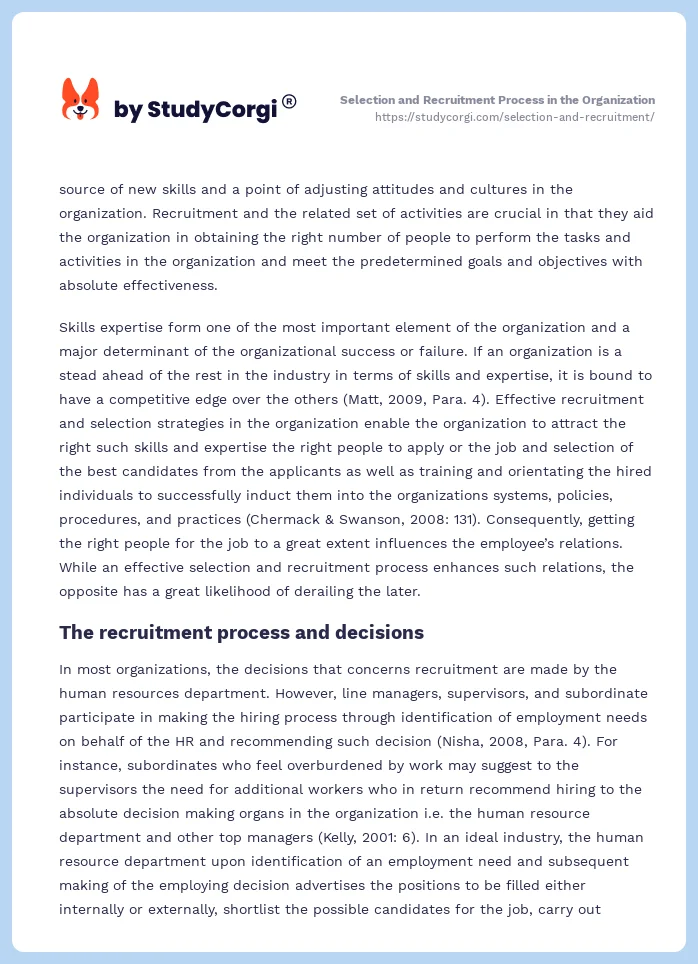 Selection and Recruitment Process in the Organization. Page 2
