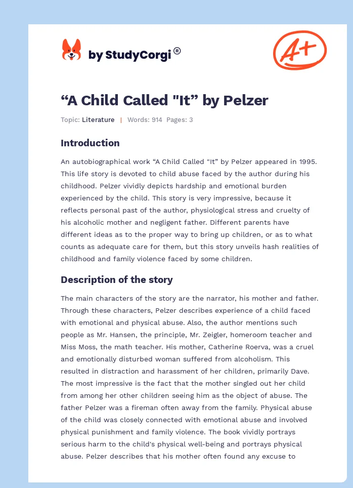 “A Child Called "It” by Pelzer. Page 1