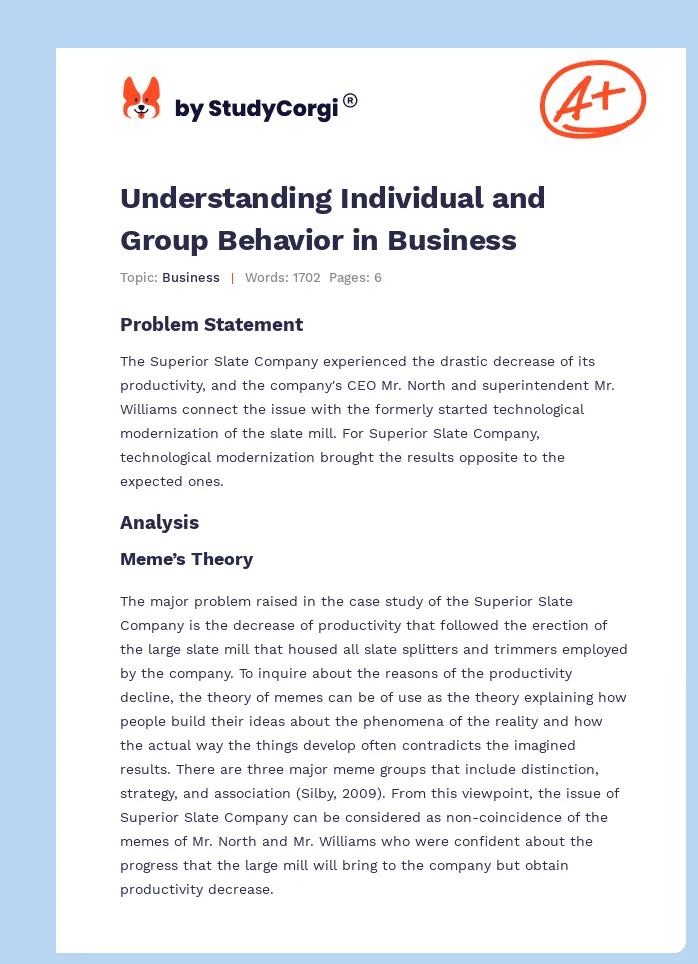 Understanding Individual and Group Behavior in Business. Page 1