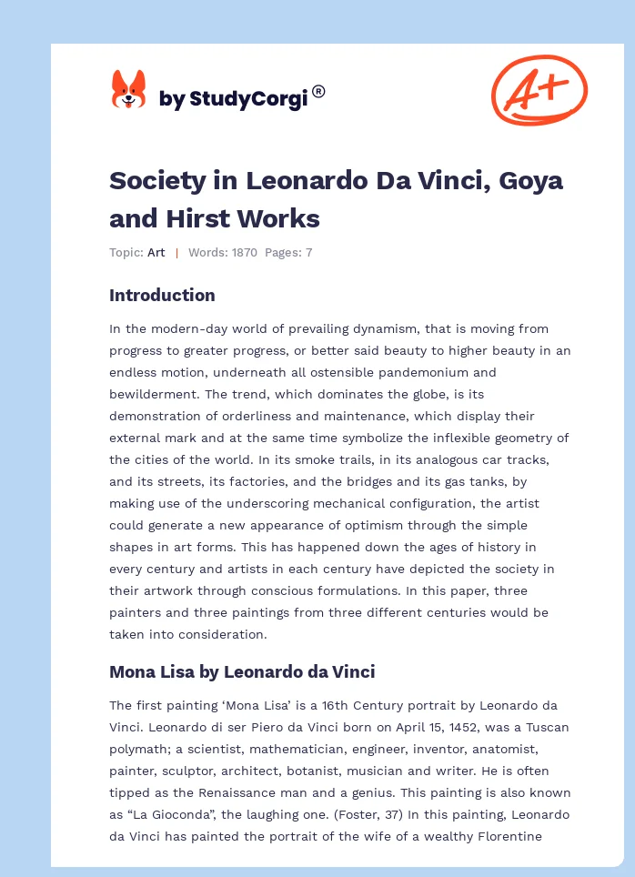 Society in Leonardo Da Vinci, Goya and Hirst Works. Page 1