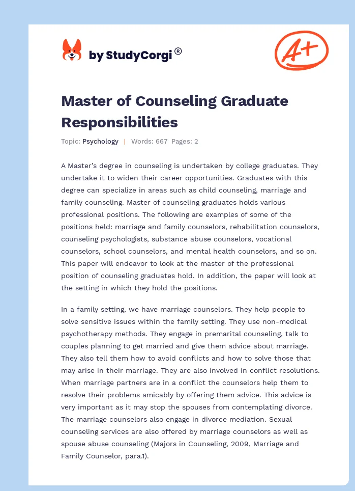 Master of Counseling Graduate Responsibilities. Page 1