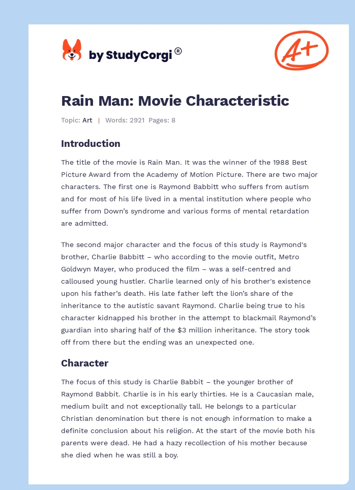 Rain Man: Movie Characteristic. Page 1