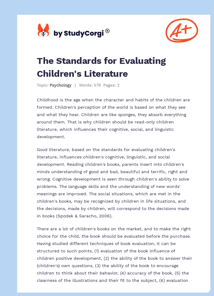 The Standards for Evaluating Children's Literature. Page 1