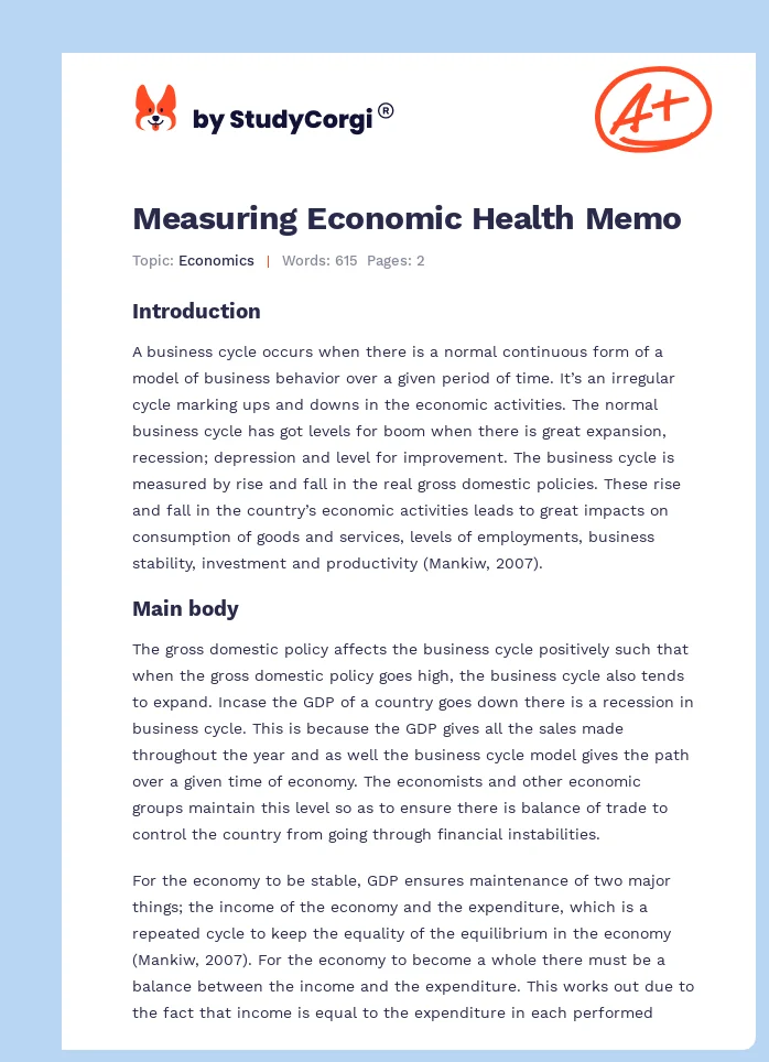 Measuring Economic Health Memo. Page 1