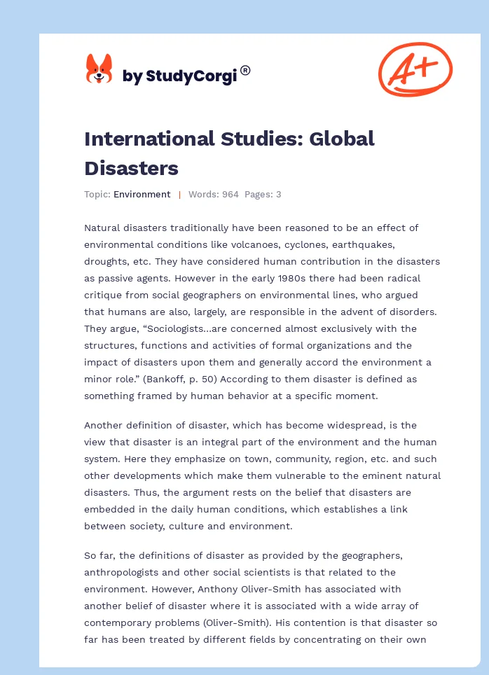 International Studies: Global Disasters. Page 1