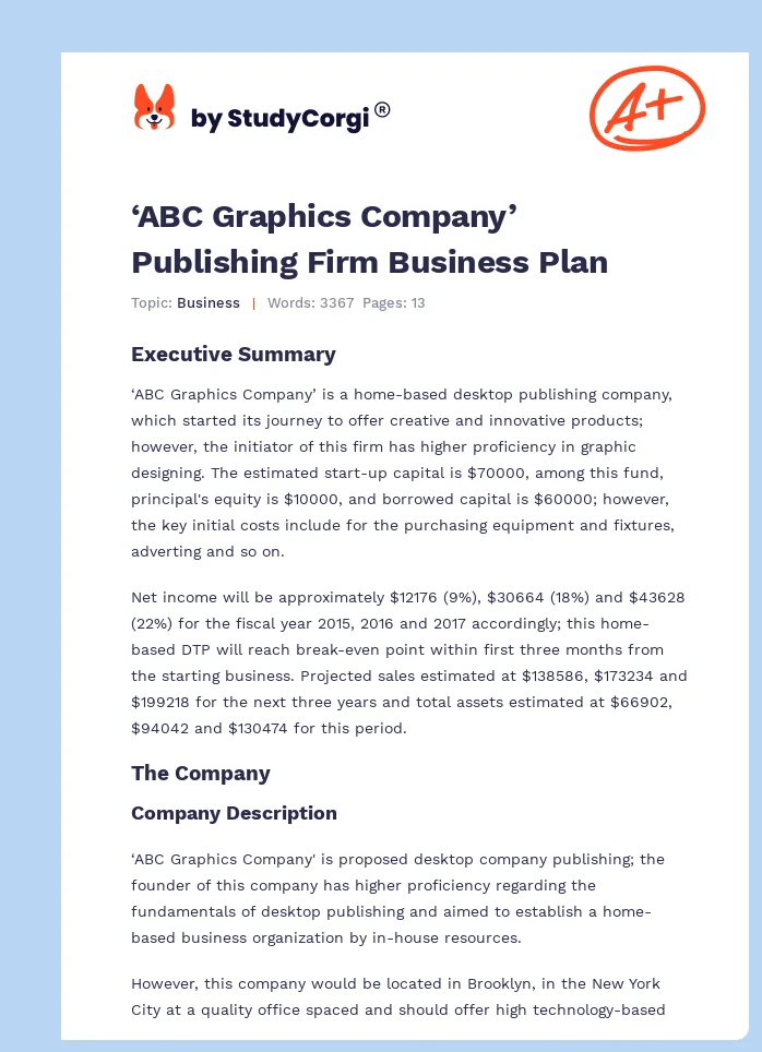 ‘ABC Graphics Company’ Publishing Firm Business Plan. Page 1
