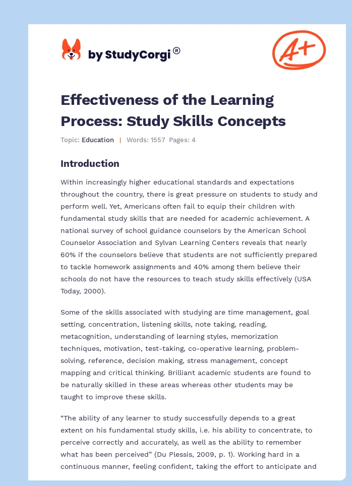 Effectiveness of the Learning Process: Study Skills Concepts. Page 1