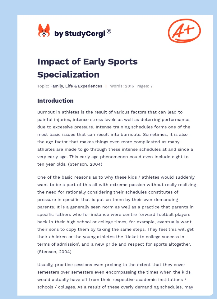 Impact of Early Sports Specialization. Page 1