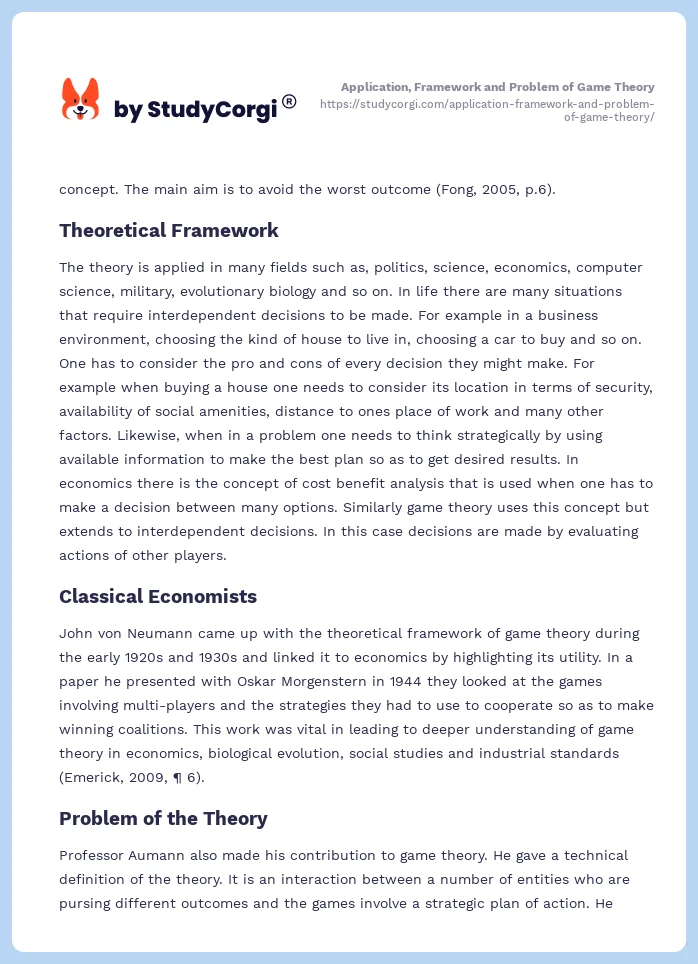 Application, Framework and Problem of Game Theory. Page 2