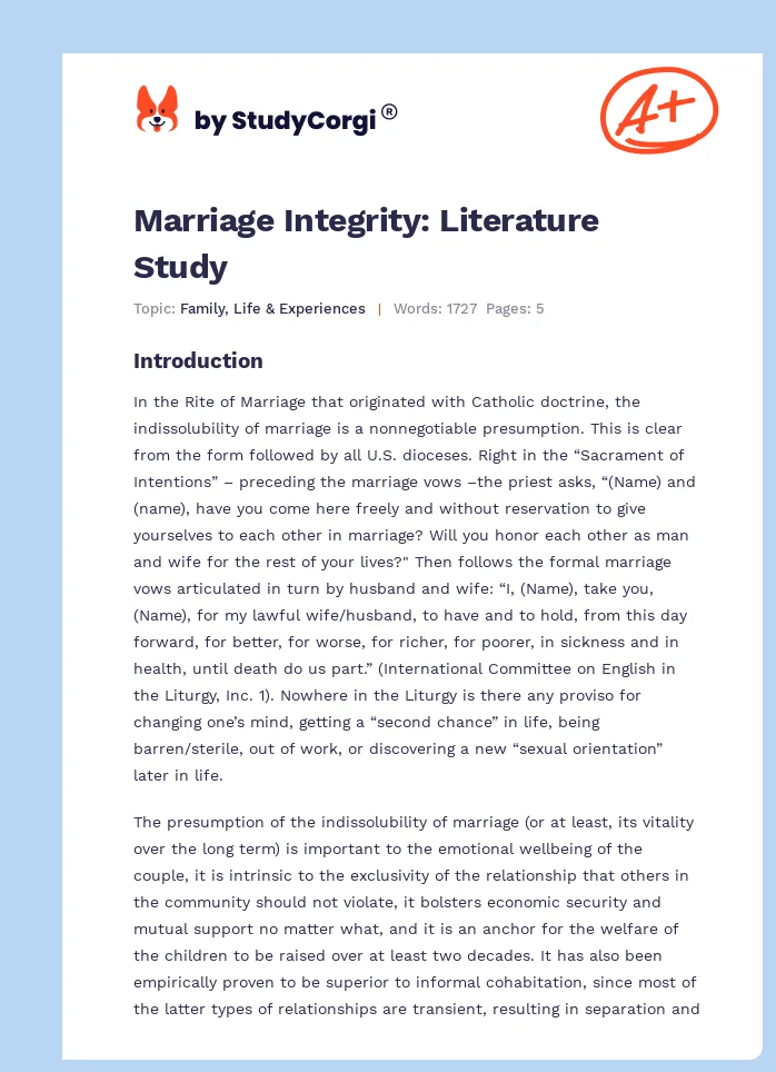 Marriage Integrity: Literature Study. Page 1