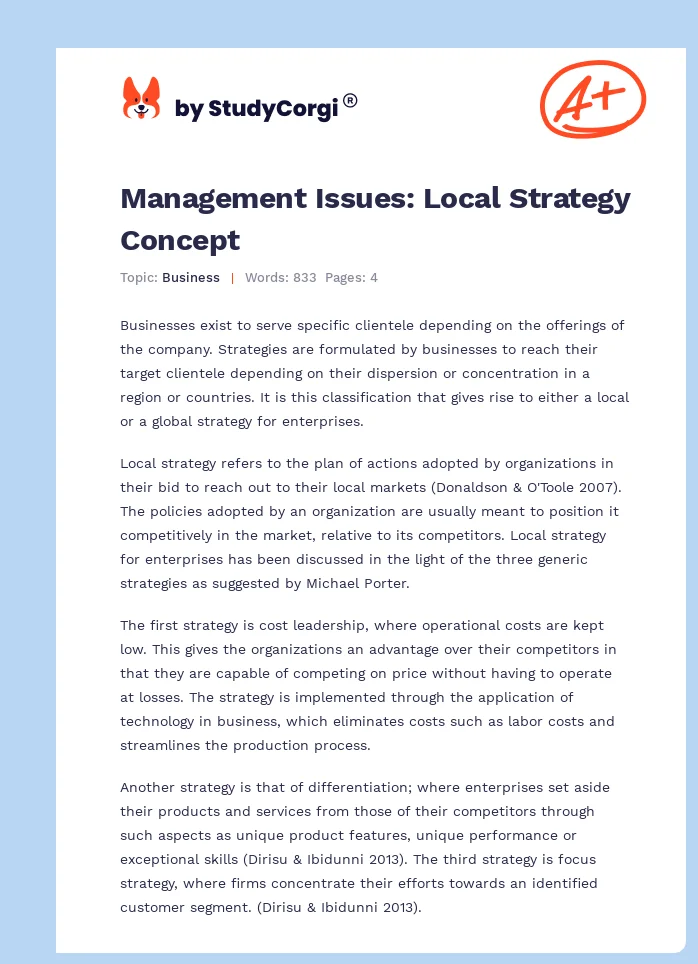 Management Issues: Local Strategy Concept. Page 1