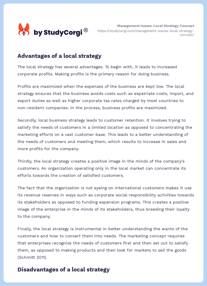Management Issues: Local Strategy Concept. Page 2
