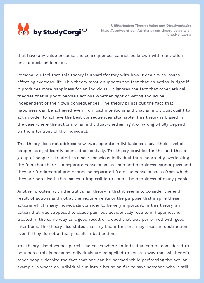 Utilitarianism Theory: Value and Disadvantages. Page 2