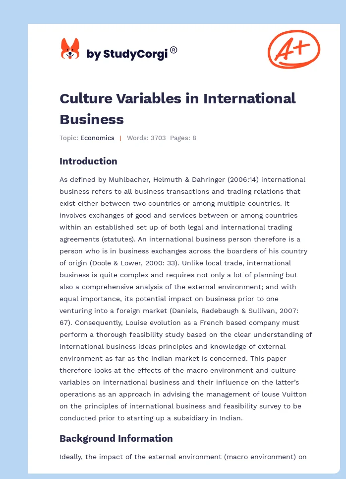 Culture Variables in International Business. Page 1