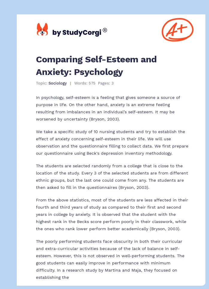 Comparing Self-Esteem and Anxiety: Psychology. Page 1