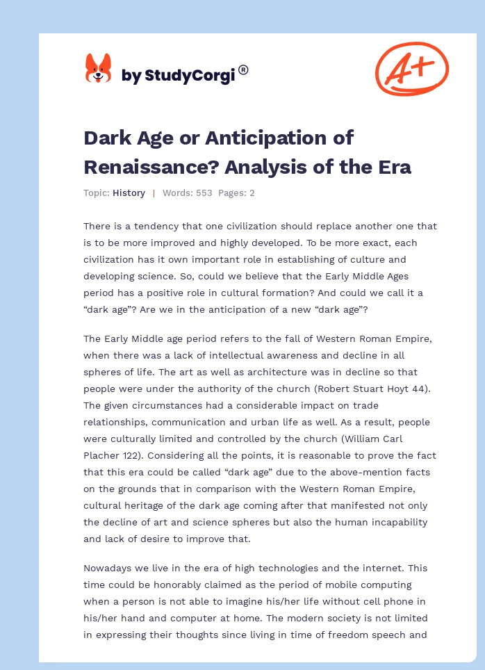 Dark Age or Anticipation of Renaissance? Analysis of the Era. Page 1