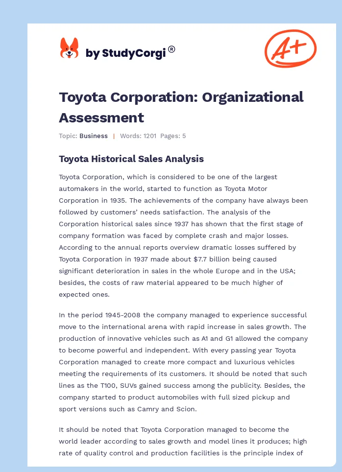 Toyota Corporation: Organizational Assessment. Page 1