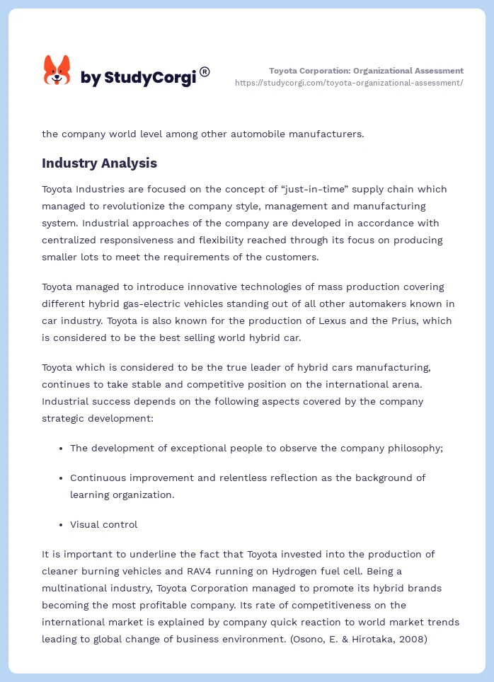Toyota Corporation: Organizational Assessment. Page 2