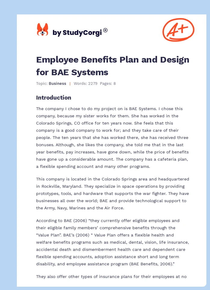 Employee Benefits Plan and Design for BAE Systems. Page 1