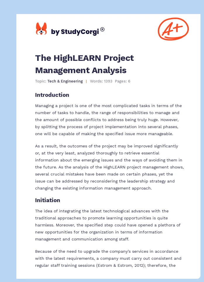 The HighLEARN Project Management Analysis. Page 1