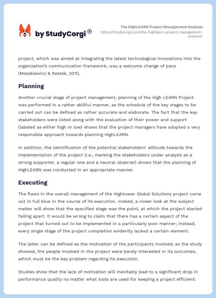 The HighLEARN Project Management Analysis. Page 2