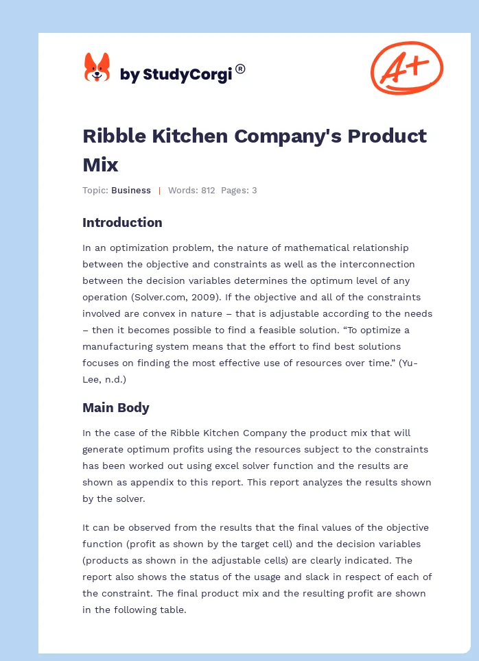 Ribble Kitchen Company's Product Mix. Page 1