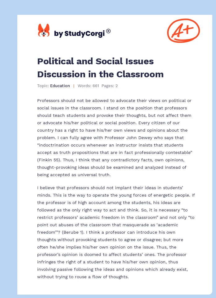 Political and Social Issues Discussion in the Classroom. Page 1