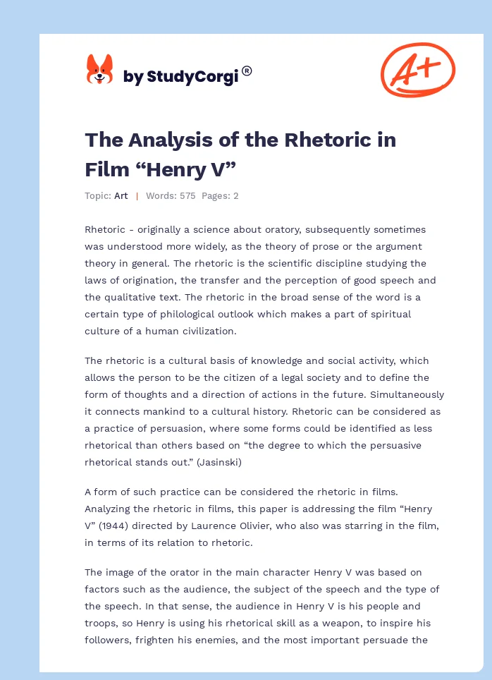 The Analysis of the Rhetoric in Film “Henry V”. Page 1