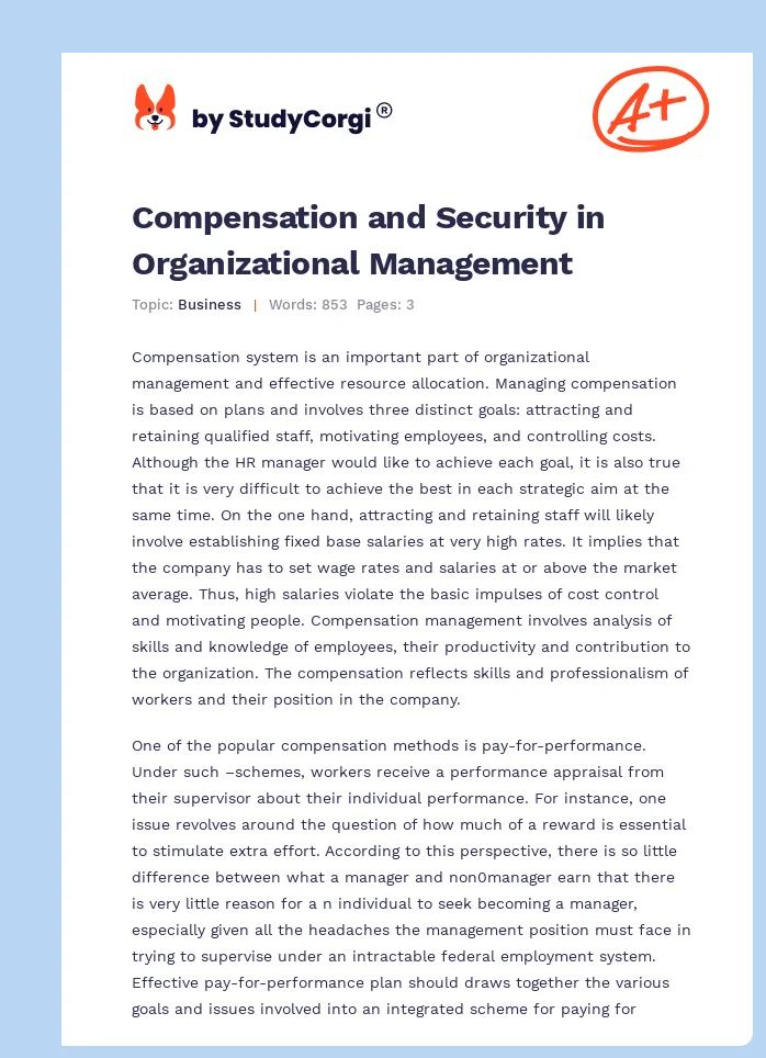 Compensation and Security in Organizational Management. Page 1