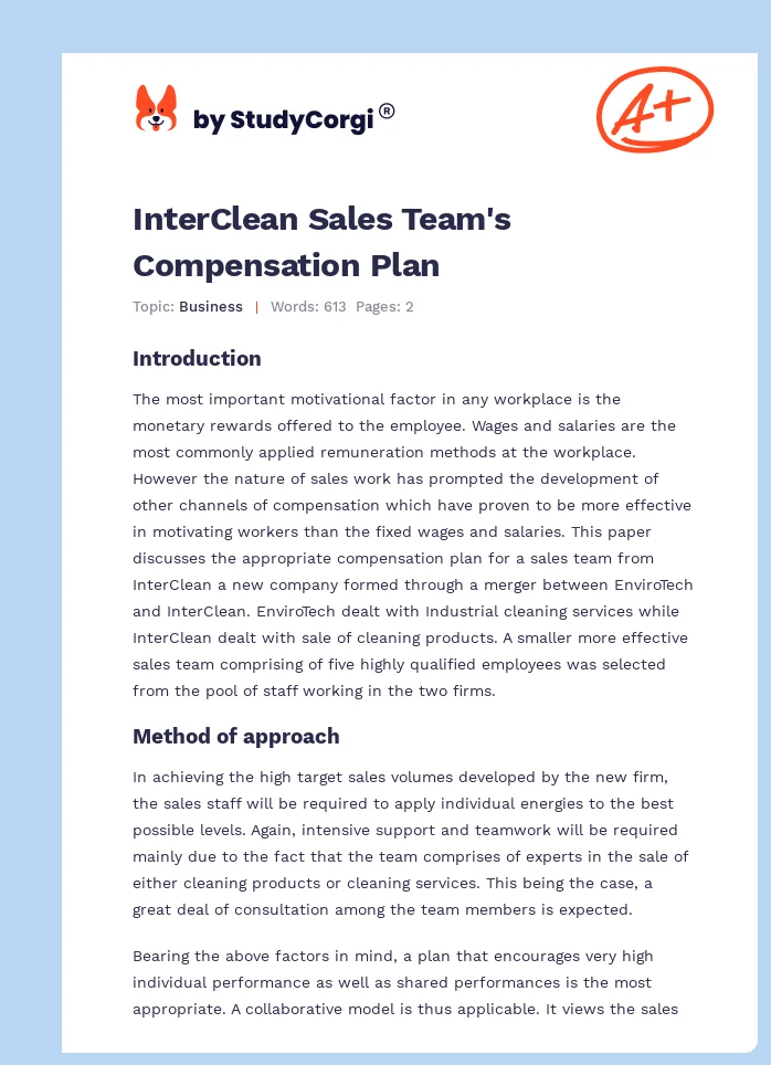 InterClean Sales Team's Compensation Plan. Page 1