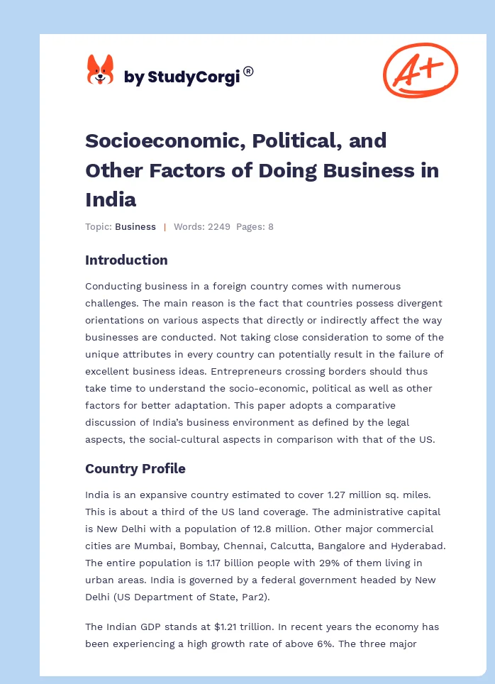 Socioeconomic, Political, and Other Factors of Doing Business in India. Page 1