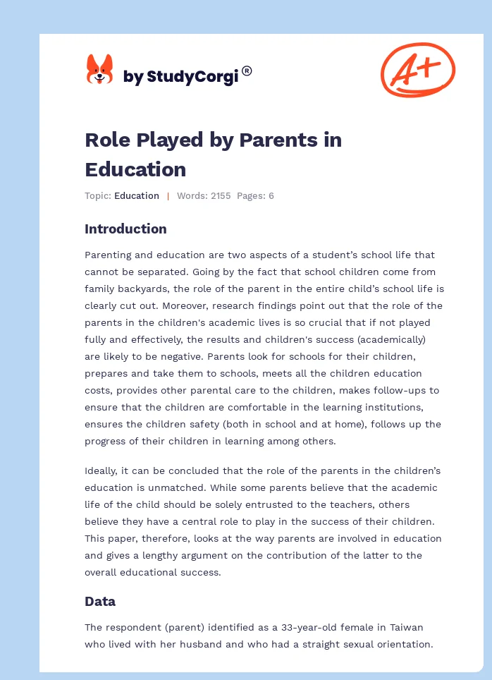 Role Played by Parents in Education. Page 1