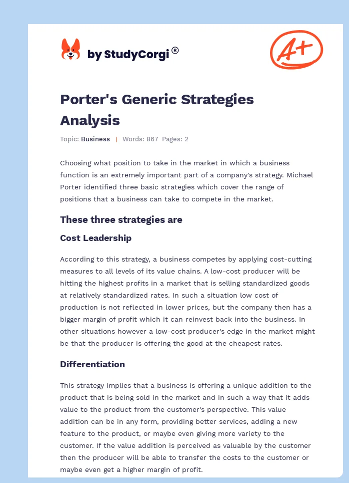 Porter's Generic Strategies Analysis. Page 1