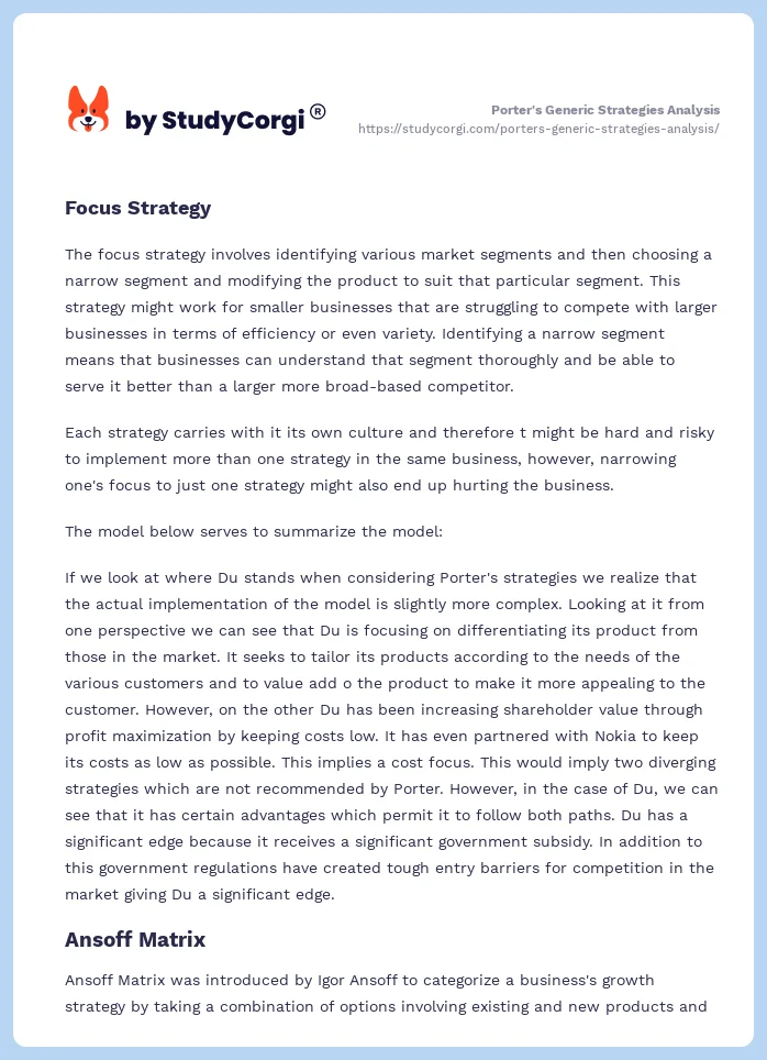 Porter's Generic Strategies Analysis. Page 2
