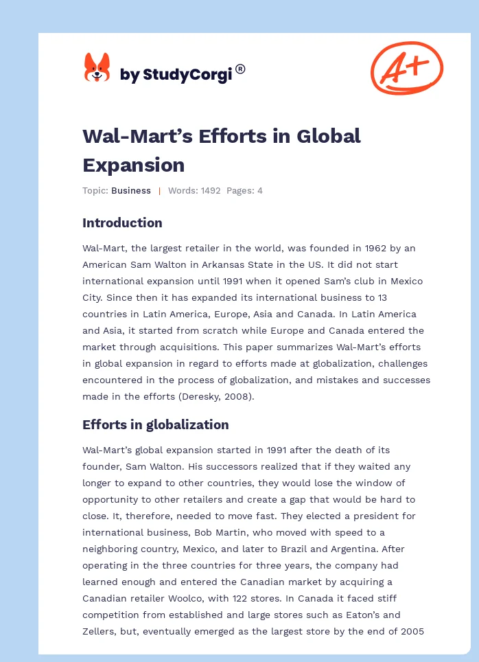Wal-Mart’s Efforts in Global Expansion. Page 1