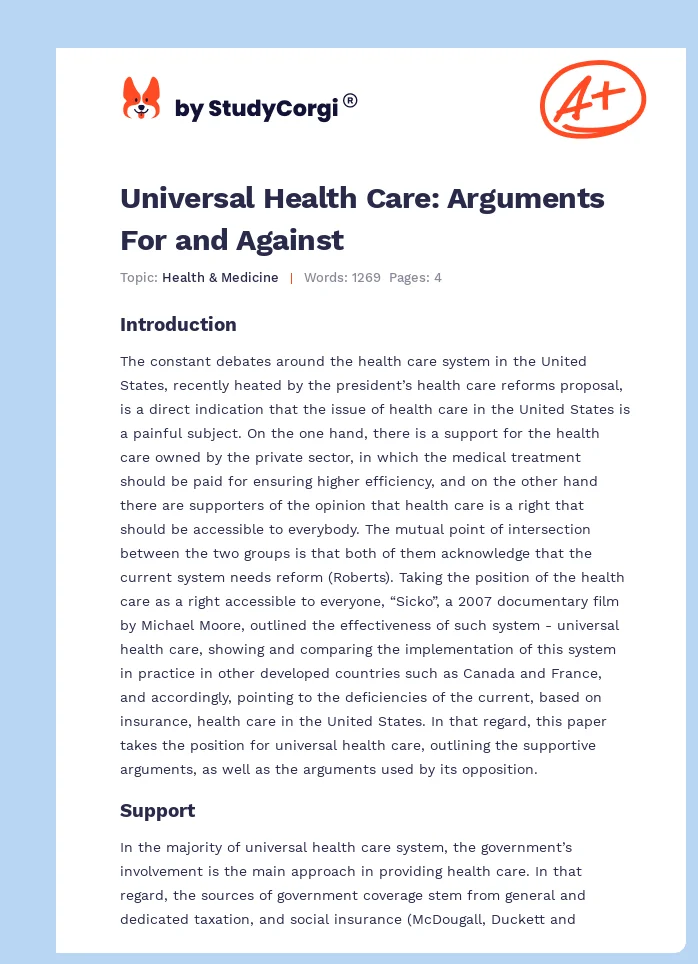 Universal Health Care: Arguments For and Against. Page 1