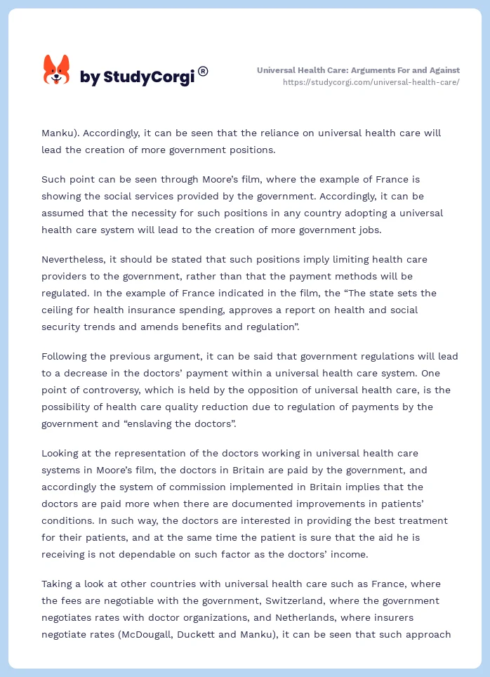 Universal Health Care: Arguments For and Against. Page 2