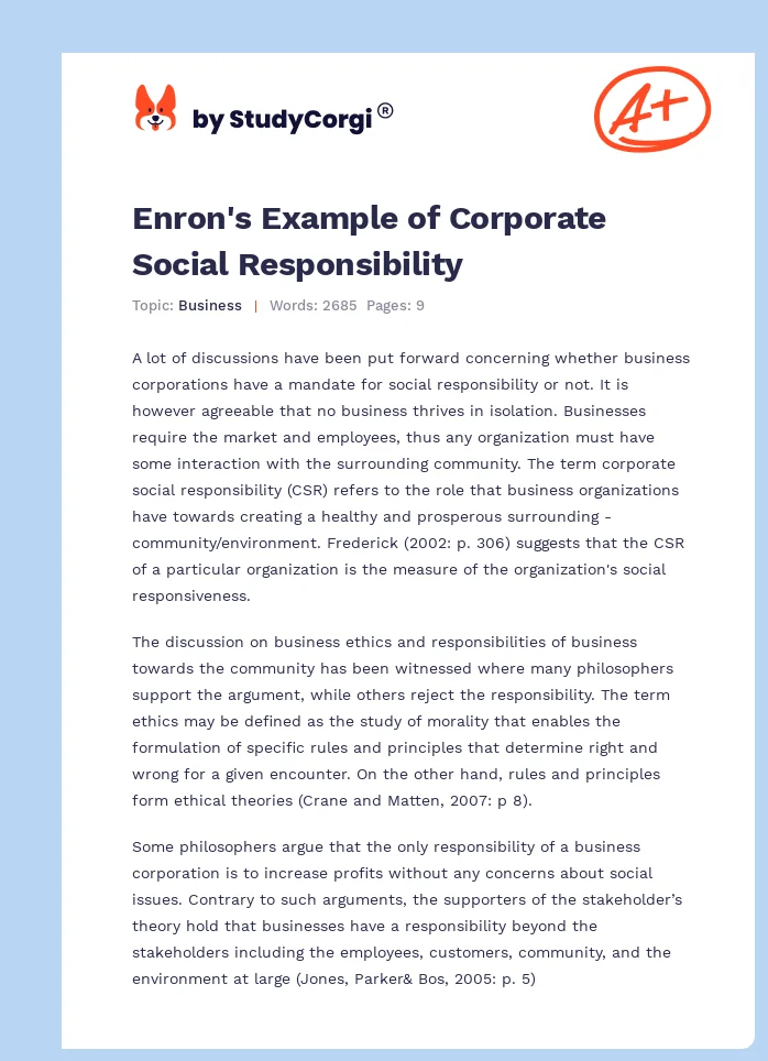 Enron's Example of Corporate Social Responsibility. Page 1