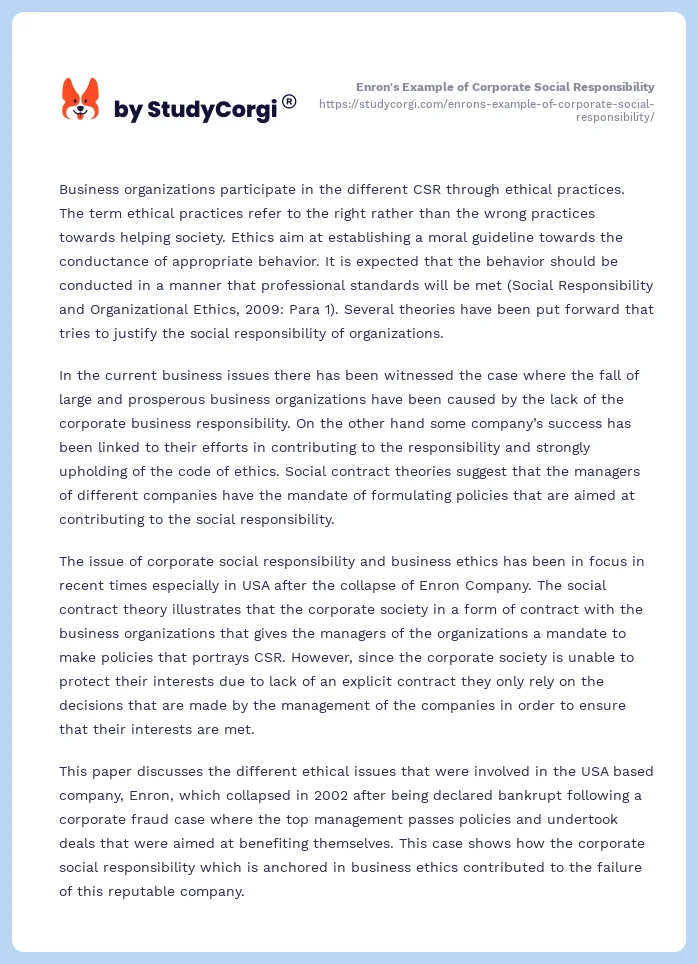 Enron's Example of Corporate Social Responsibility. Page 2