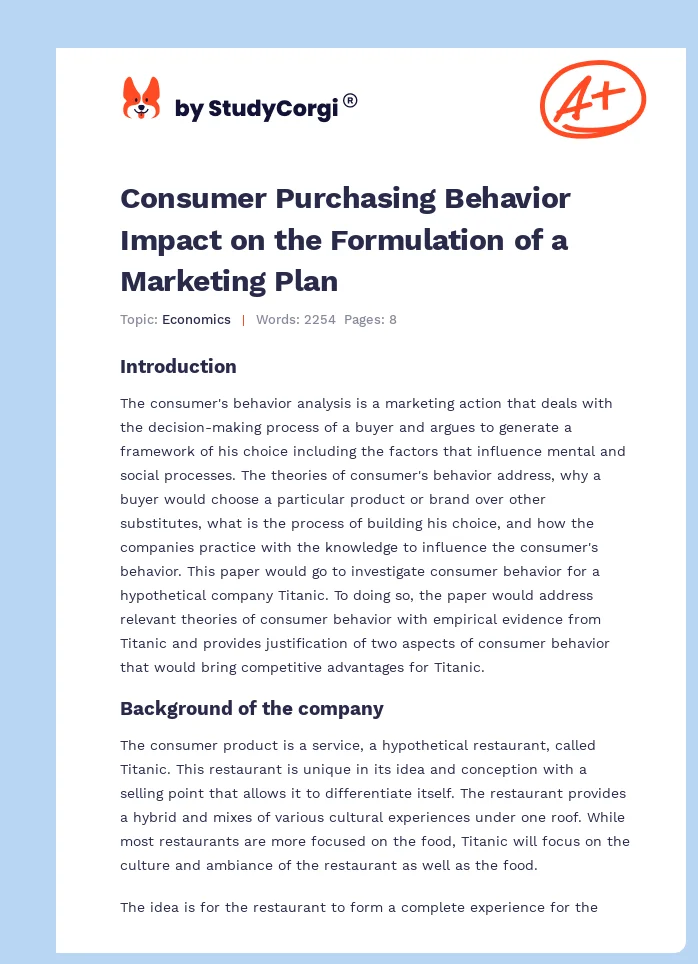 Consumer Purchasing Behavior Impact on the Formulation of a Marketing Plan. Page 1