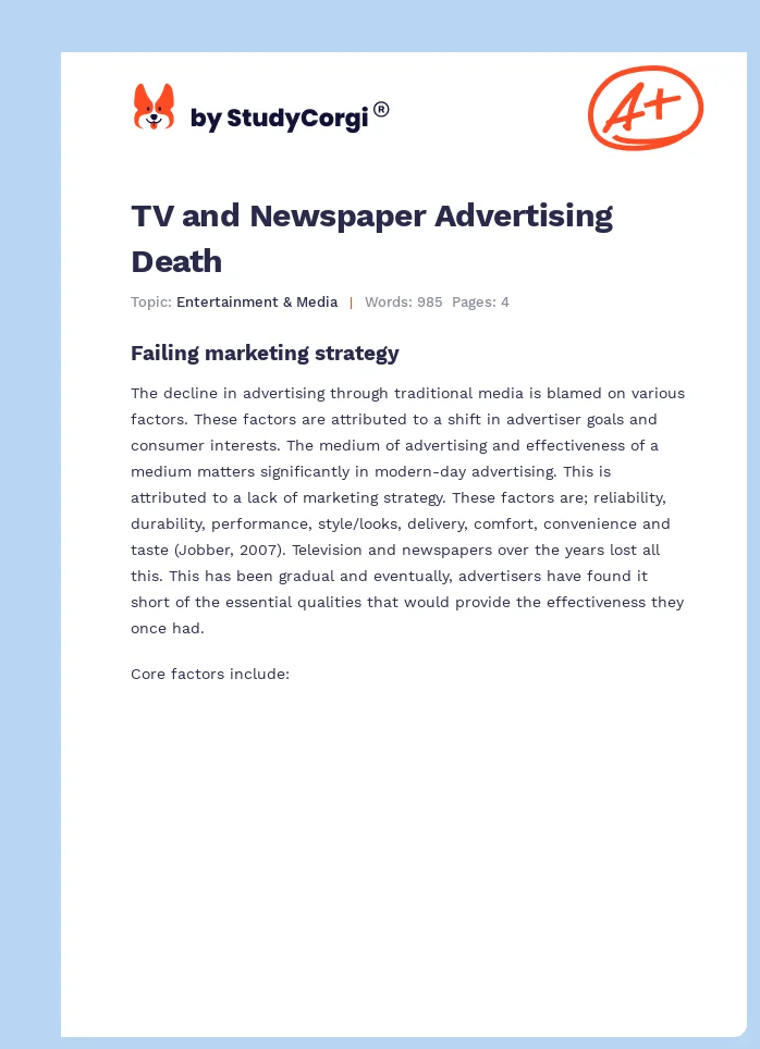 TV and Newspaper Advertising Death. Page 1