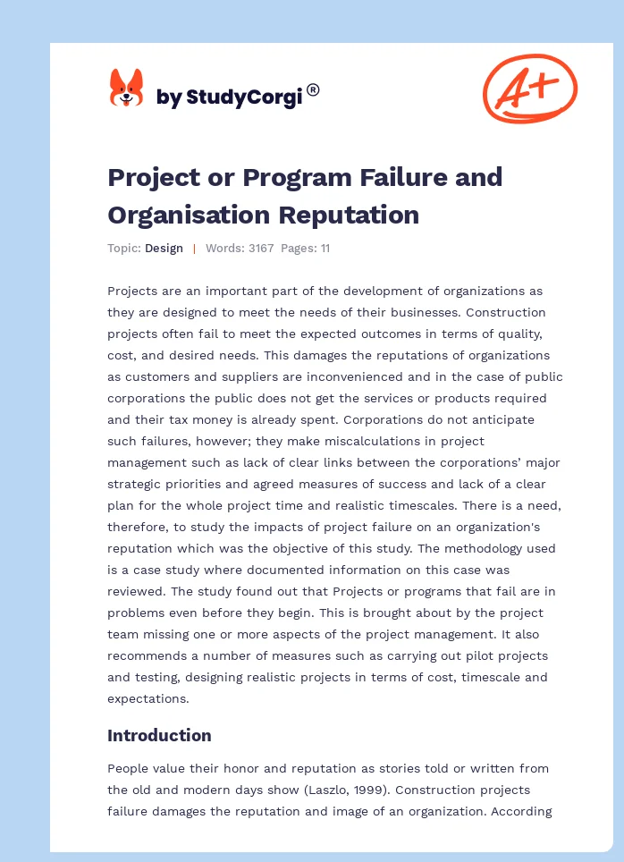 Project or Program Failure and Organisation Reputation. Page 1