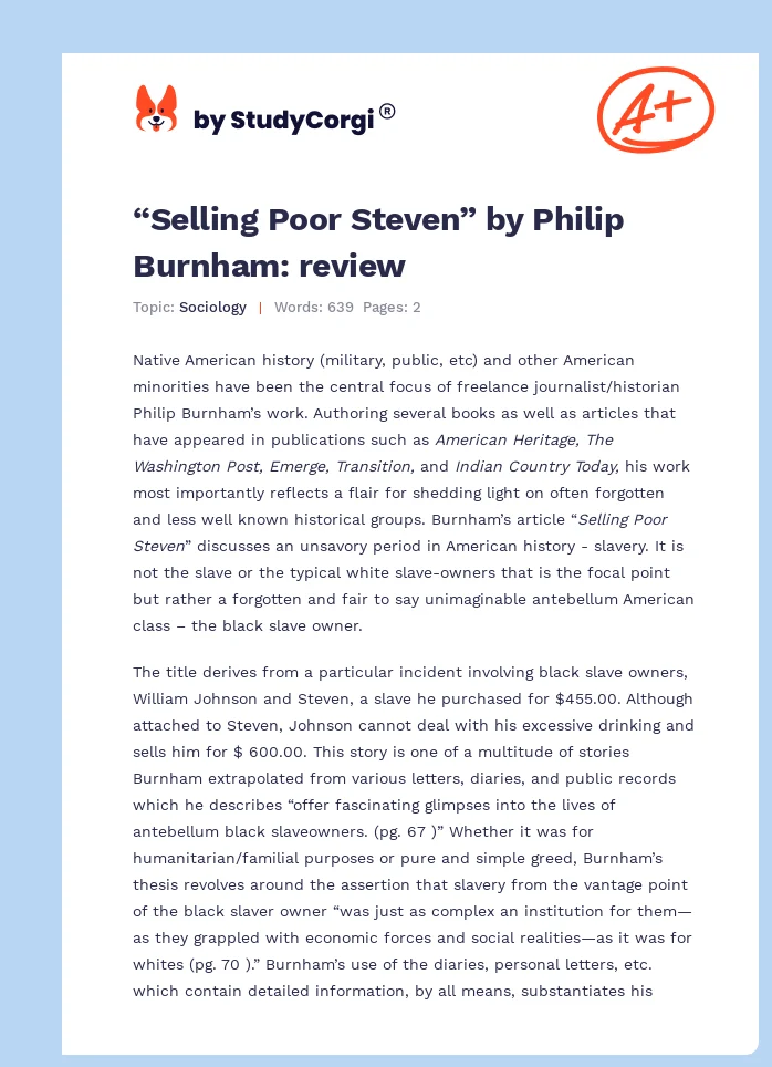 “Selling Poor Steven” by Philip Burnham: review. Page 1