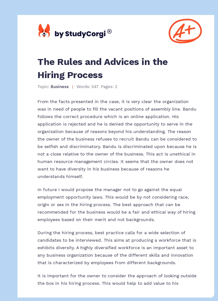 The Rules and Advices in the Hiring Process. Page 1