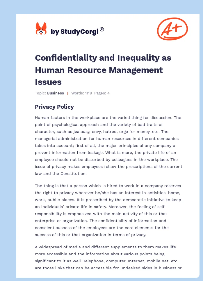 Confidentiality and Inequality as Human Resource Management Issues. Page 1