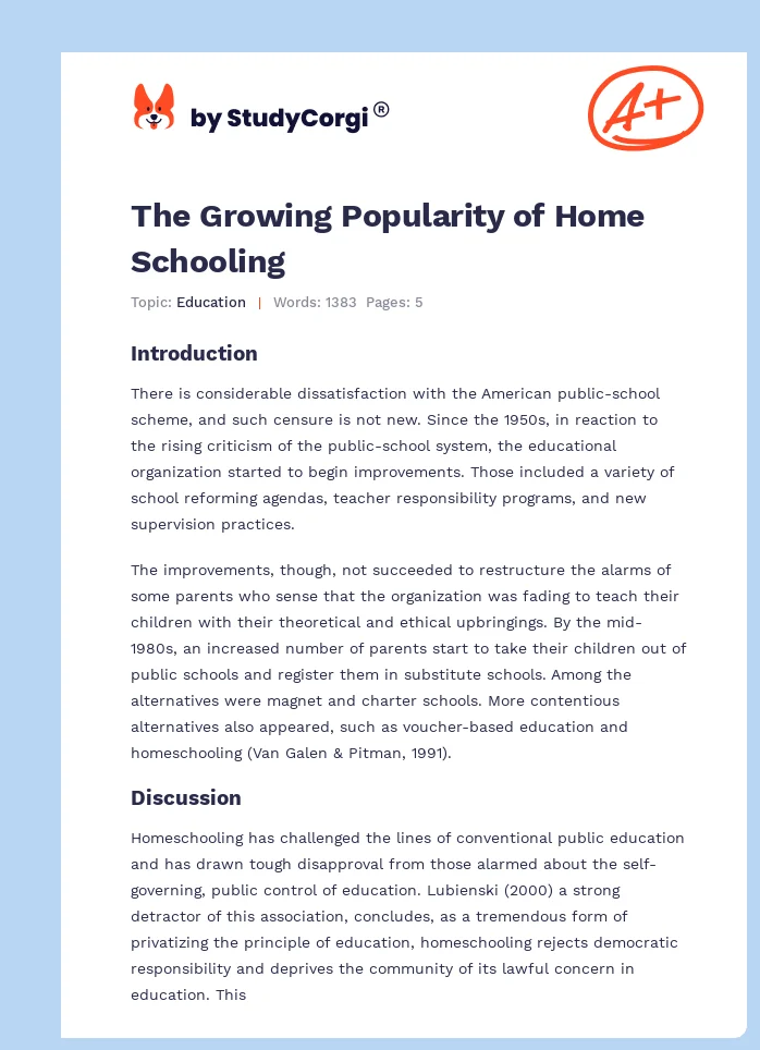 The Growing Popularity of Home Schooling. Page 1