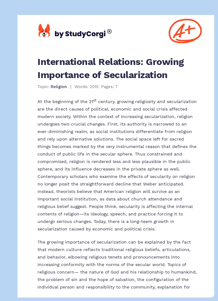International Relations: Growing Importance of Secularization. Page 1