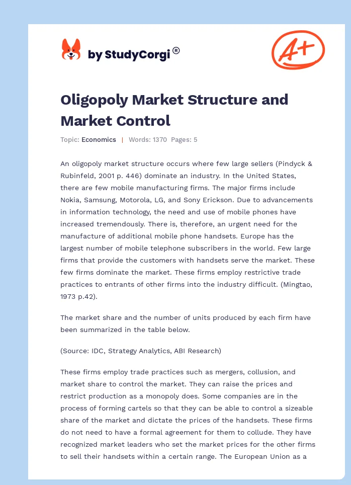 Oligopoly Market Structure and Market Control. Page 1