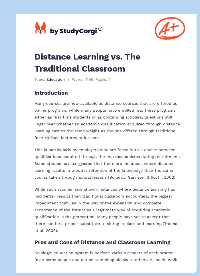 Distance Learning vs. The Traditional Classroom. Page 1
