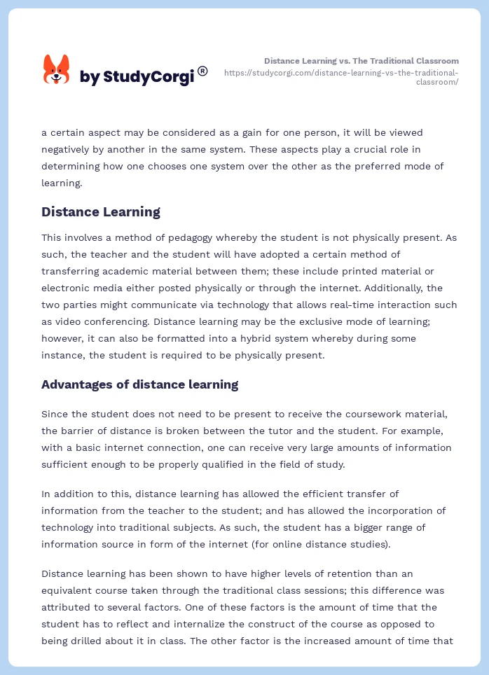 Distance Learning vs. The Traditional Classroom. Page 2